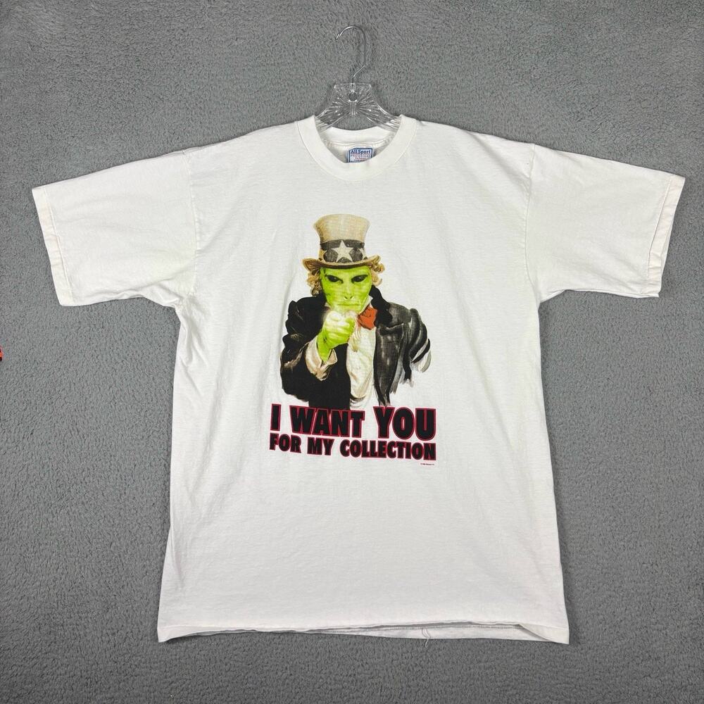 Vtg 90s Alien Uncle Sam T-shirt Men’s XL White 1996 Humorous Single Stitch USA